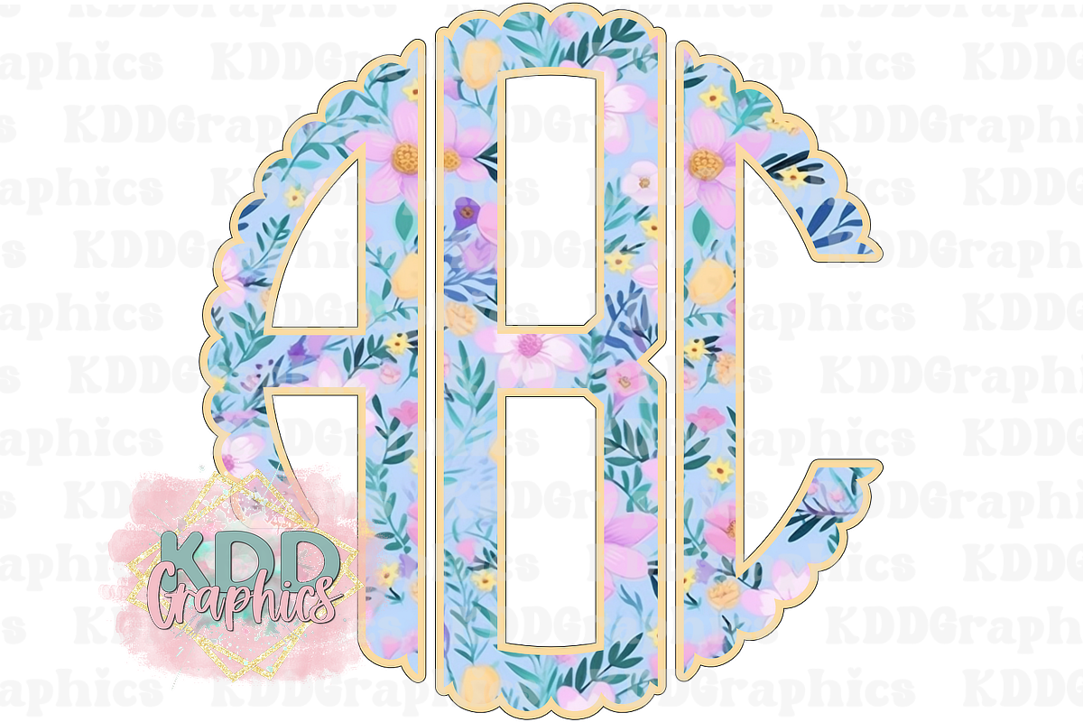 Blue Pink Floral Scalloped Circle Monogram