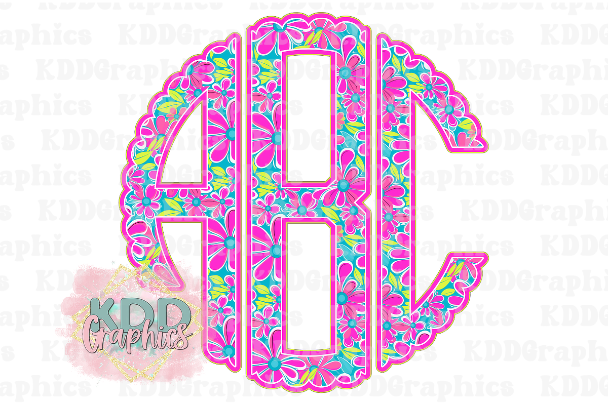 Bright Floral Summer Scalloped Circle Monogram