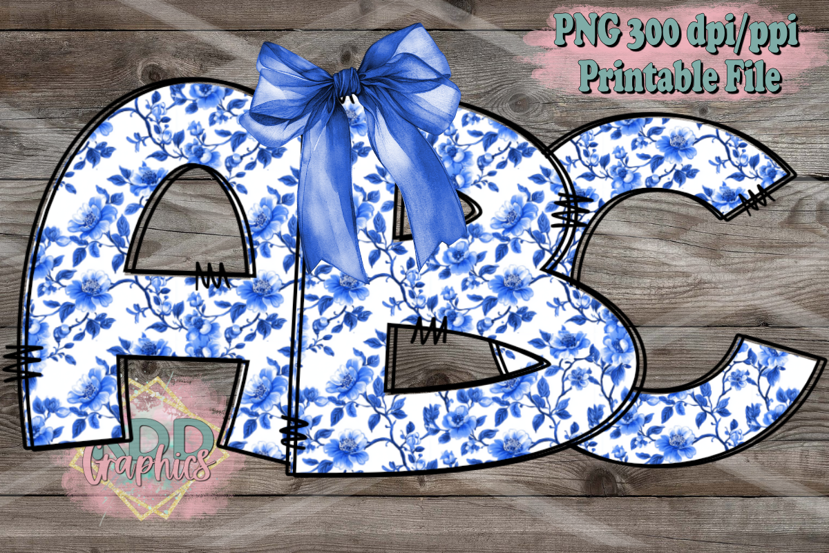 Chinoiserie Blue Floral Doodle Letters PNG