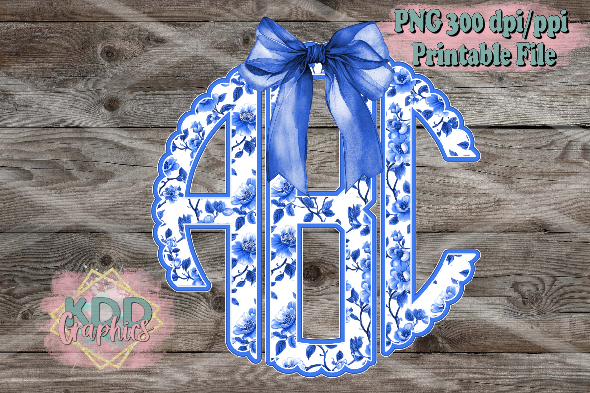 Chinoiserie Blue Floral Scalloped Circle Monogram PNG