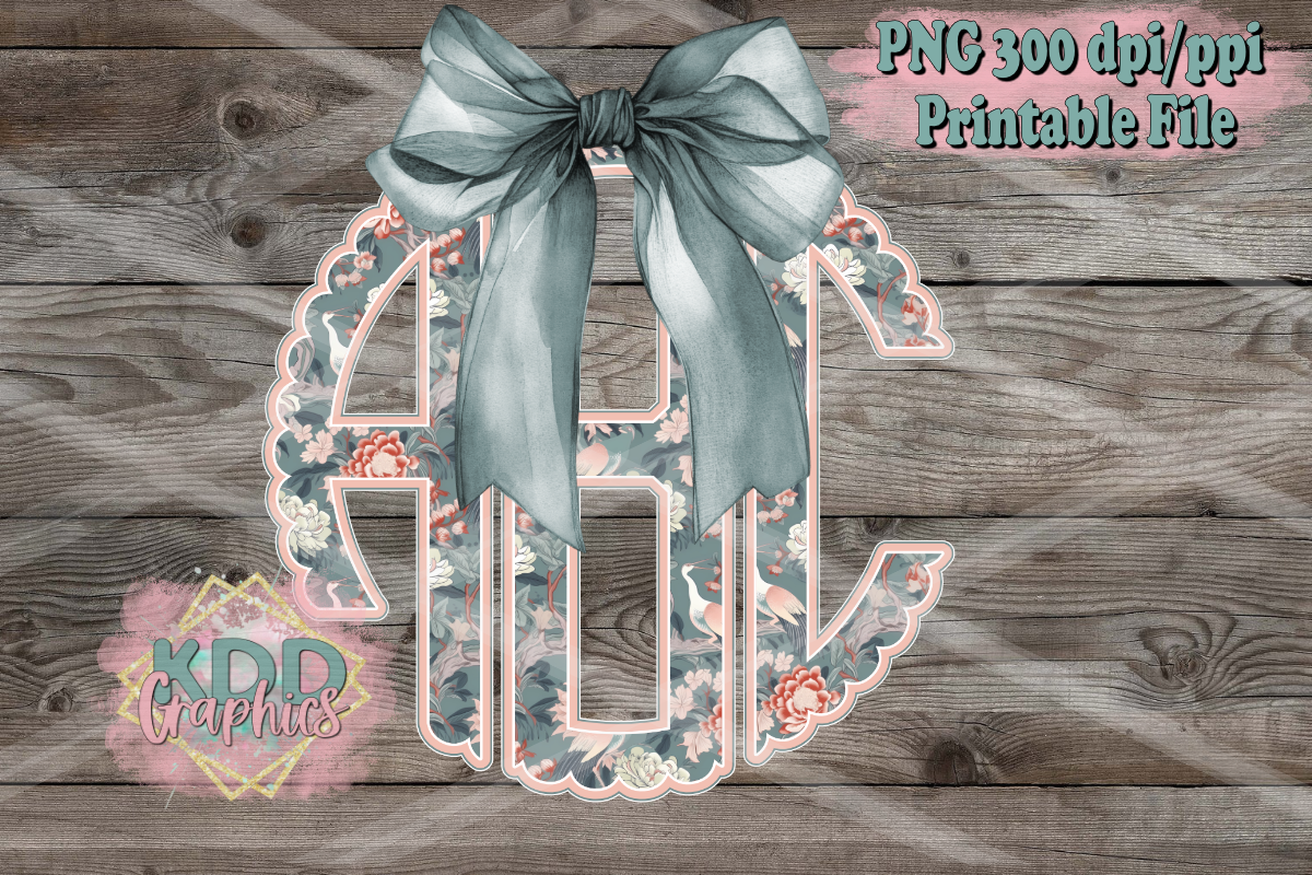 Chinoiserie Grey Floral Scalloped Monogram - Coquette Bow Bundle PNG