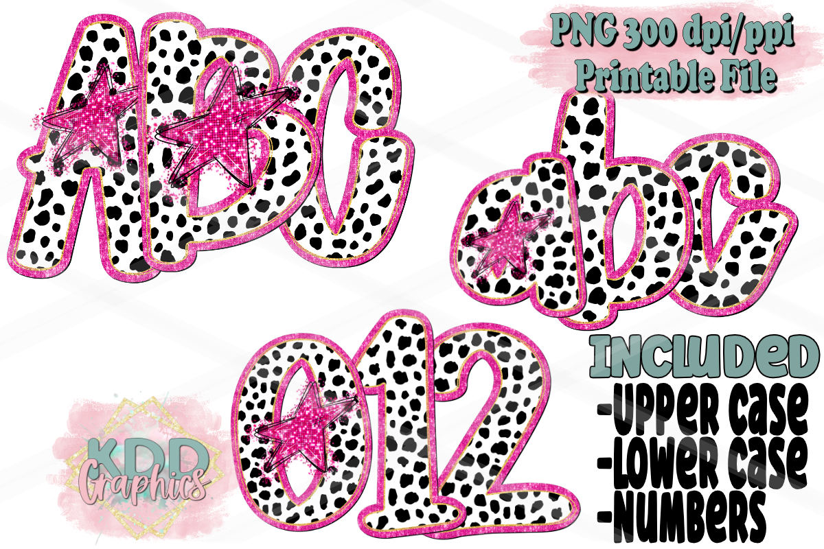 Dalmatian Dots Pink Stars Doodle Letters PNG
