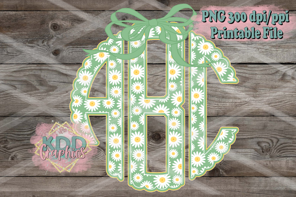 Green Daisy Scalloped Circle Monogram Bundle PNG