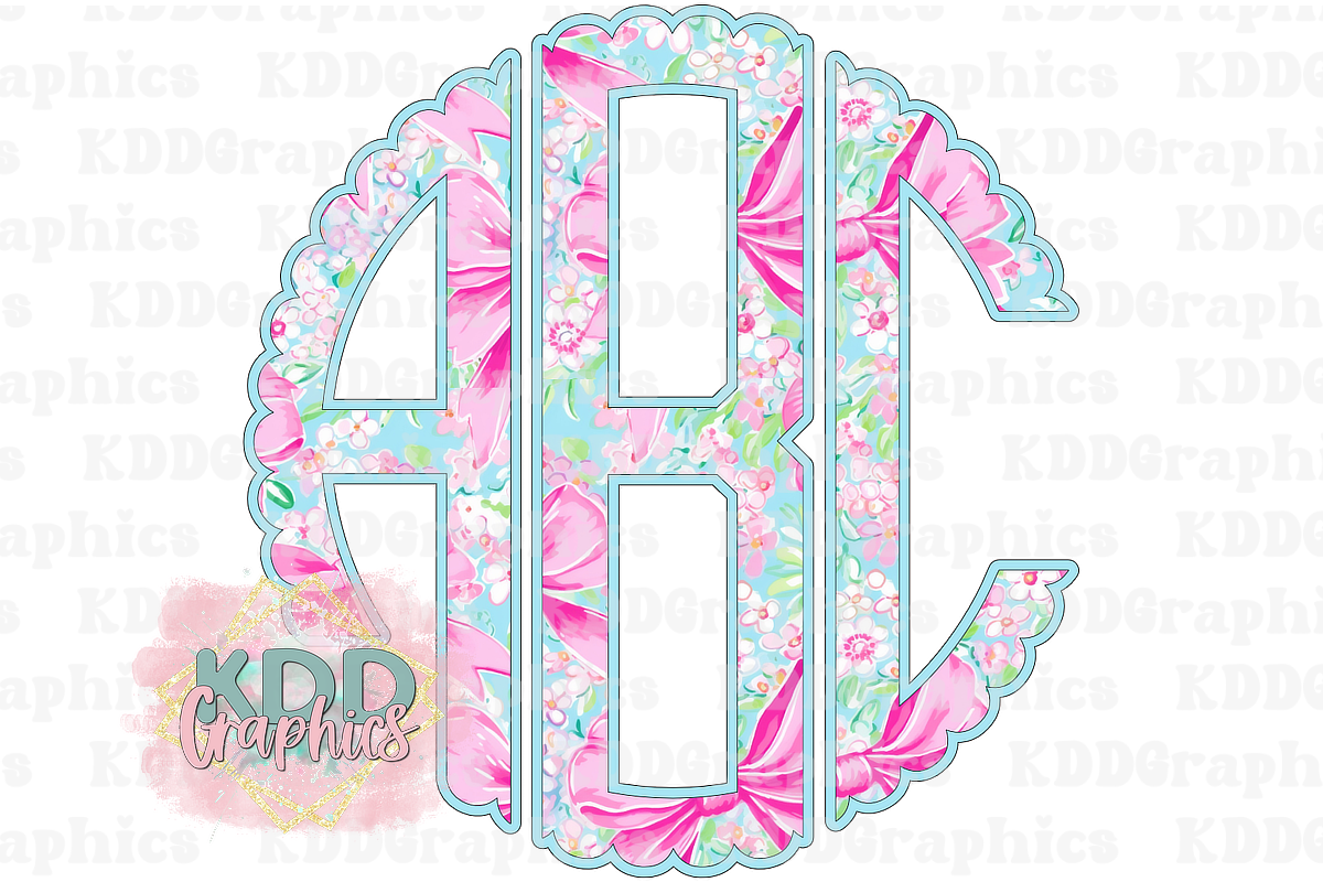 Pink Blue Floral Coquette Bow scalloped Circle Monogram