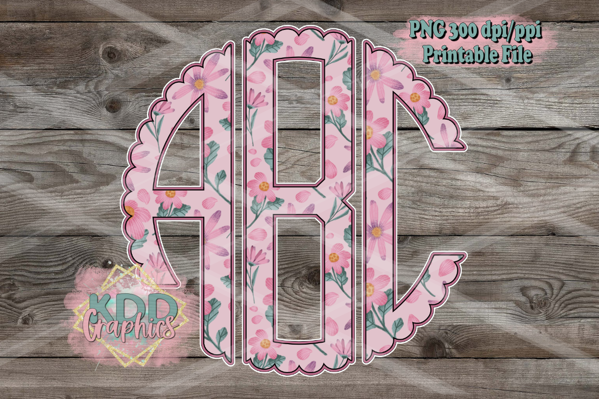 Pink Floral Spring Scalloped Circle Monogram PNG