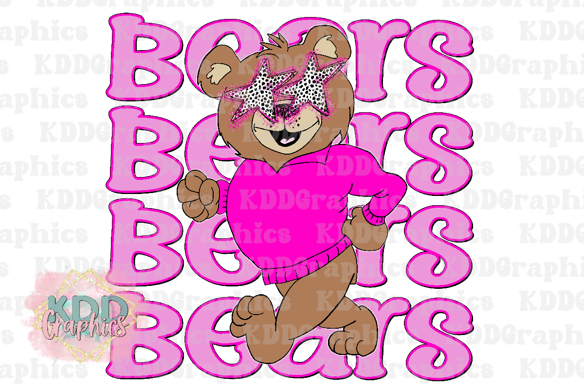 Preppy Pink Bears - Star Eyes - Bear Mascot - School Spirit PNG