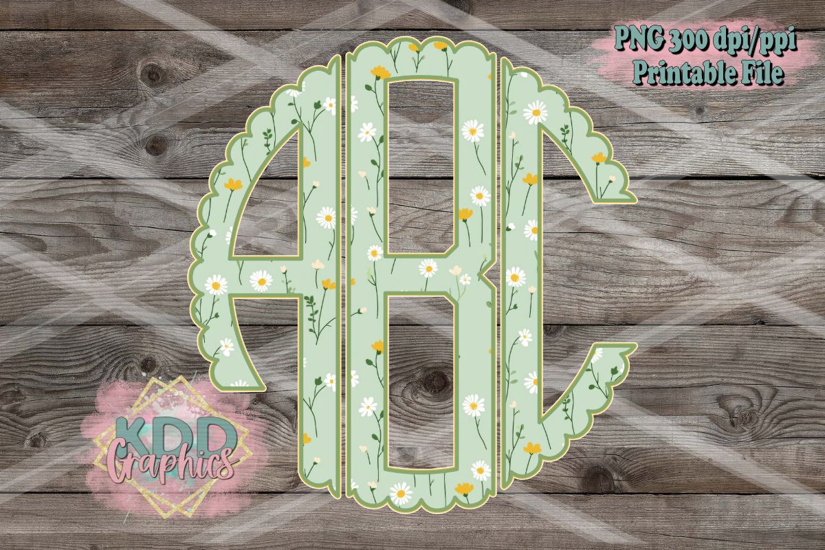 Sage Daisy Scalloped Circle Monogram PNG