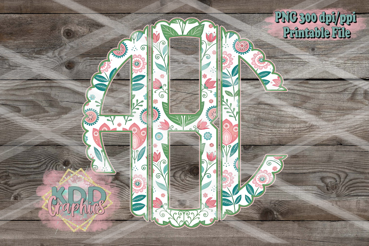 Teal Floral Scalloped Circle Monogram PNG