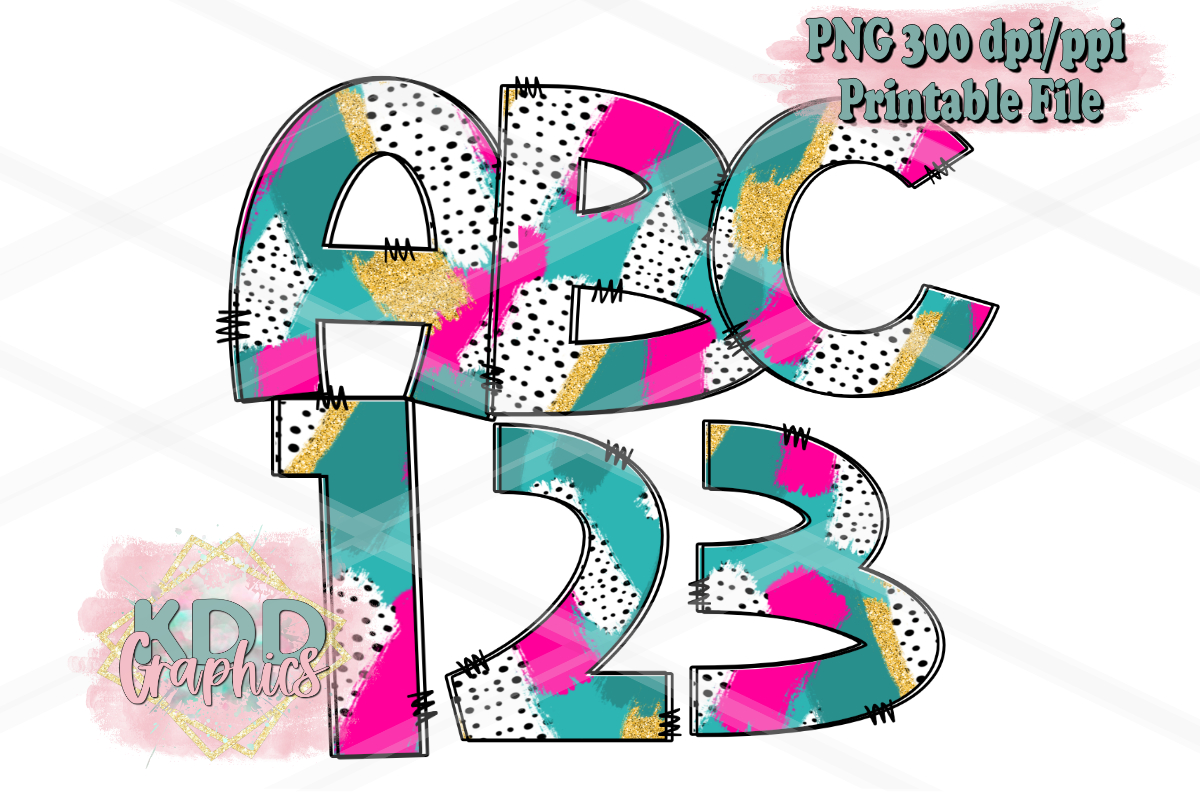 Teal Gold Brushstroke Doodle Letters Numbers PNG